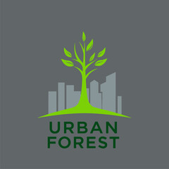 A vibrant green tree rises against a backdrop of minimalist city buildings, symbolizing the harmonious integration of nature within urban environments. This logo represents growth, sustainability