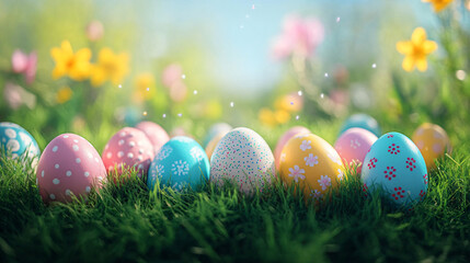 Easter hunt poster with eggs in grass