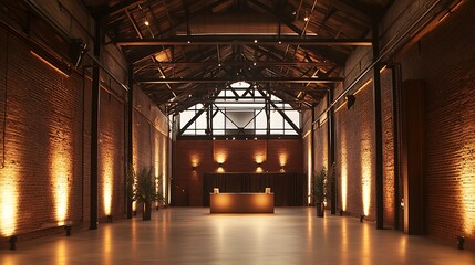 Empty Brick Warehouse Interior with Lighting and Table Setup