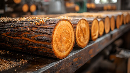 Newly cut logs in sawmill, rich warm wood tones, intricate bark texture, nature's artistry creation