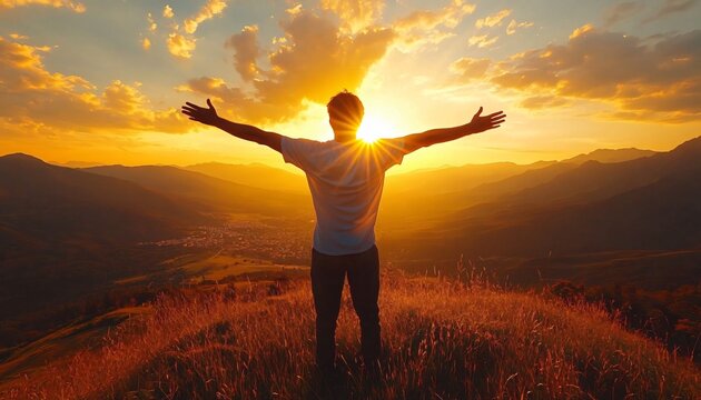 A man stands on a grassy hill at sunset, arms outstretched, symbolizing freedom and connection with nature. Perfect for wellness campaigns, motivational themes, and spiritual events.