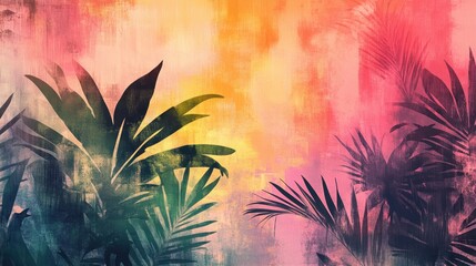 Vibrant tropical foliage art with sunset colors and palm leaves