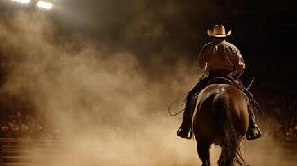 Fototapeta premium A cowboy rides a horse in a dust-filled arena, embodying the spirit of the wild west.