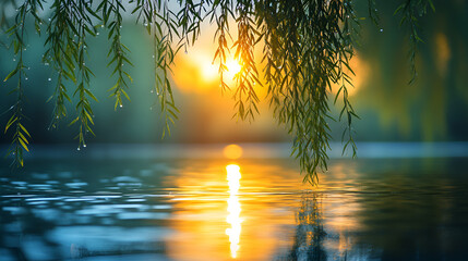 Serene sunset reflected calm water, willow branches dripping dew, peaceful tranquil evening, harmonious nature beauty