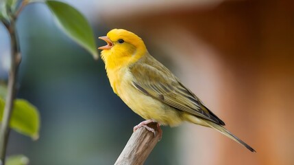 Close up of a yellow canary perched on a branch, singing. The bird's colors and background emphasize its liveliness and charm.