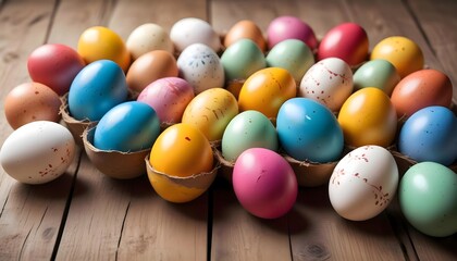  A collection of colorful painted eggs is scattered across a wooden surface