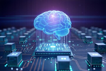 Obraz premium Holographic Brain on Microchip with Digital Cubes in Futuristic Tech Design