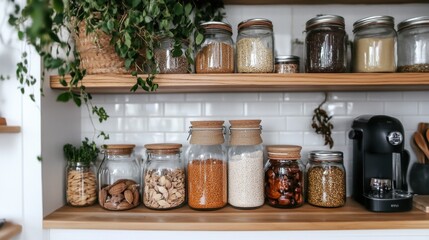 Glass jars with nuts, grains, and spices on wooden shelves in modern kitchen