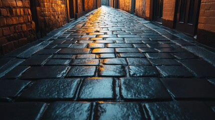 Stormy alley with wet slate pavement, dramatic lighting, deep shadows