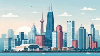 Naklejka premium A stylized illustration of a city skyline featuring prominent skyscrapers, a serene sunset, and a calm waterfront.