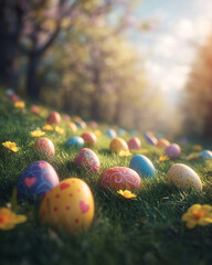 Easter eggs in grass. Hunt background