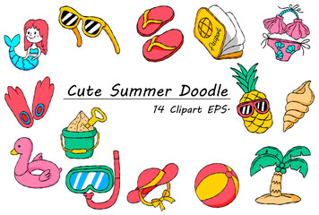 Collection of Cute Summer Element with Doodle Outline.