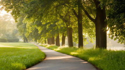 Obraz premium A walkway is pictured in a stock photo. Tall trees flank a pathway, with warm sunlight filtering through the leaves.
