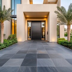 Elegant villa entrance with polished slate tiles, luxurious architecture