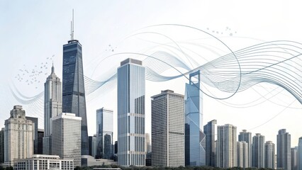 Fototapeta premium A modern city skyline featuring tall buildings with abstract lines and patterns illustrating dynamic movement and urban energy.