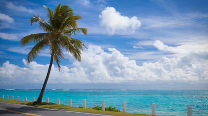 Obraz premium A tropical, eye-level view of the ocean and a palm tree against a partly cloudy sky. This image is categorized as 