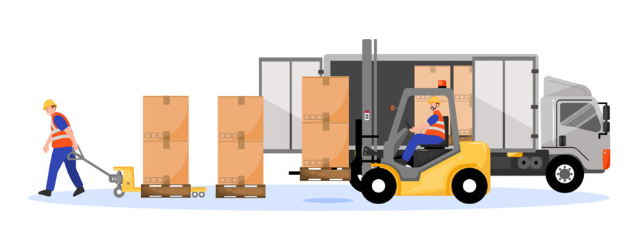 A vector illustration depicting a complete warehouse operation with workers handling boxes, a forklift in action, and a truck ready for delivery, showcasing a full logistics process.