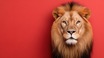Fototapeta premium Majestic Male Lion Portrait Against Vibrant Red Background Wildlife Photography