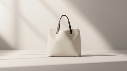 Stylish beige tote bag with brown handles in soft natural lighting