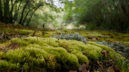 A detailed close-up of lush, green moss blankets the ground in a forest. The soft, velvety texture and blurred background evoke a tranquil, earthy atmosphere.