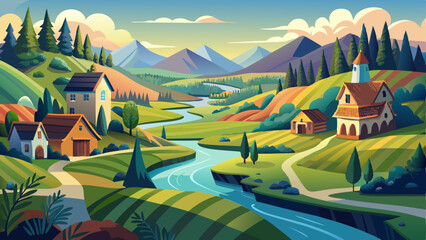 vector of beautiful countryside where a winding river hugs the land, with quaint houses standing along its banks