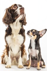 Obraz premium Springer Spaniel and Chihuahua dogs sitting, studio shot, white background, pet adoption