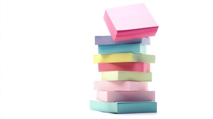Colorful sticky notes stack, falling, white background, office supplies