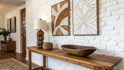 White and brown textured wall with modern abstract art, paired with a sleek wooden table and rustic bowl, creating a stylish, contemporary interior with an organic and warm ambiance.
