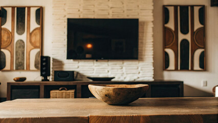 White and brown textured wall with modern abstract art, paired with a sleek wooden table and rustic bowl, creating a stylish, contemporary interior with an organic and warm ambiance.