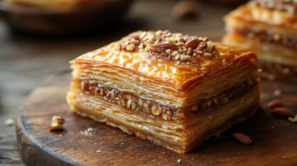 A flaky pastry, layered with honey and studded with nuts, promising a symphony of sweet and nutty flavors.