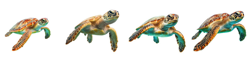 Fototapeta premium A group of colorful sea turtles swimming gracefully through the blue waters of the tropical ocean