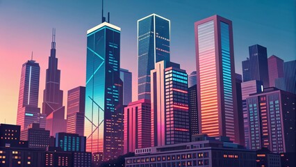Obraz premium A vibrant city skyline at dusk, showcasing modern skyscrapers with colorful lights against a twilight backdrop.