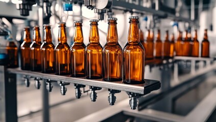 Automated beer bottling line in a modern brewery.  Bottles are being capped