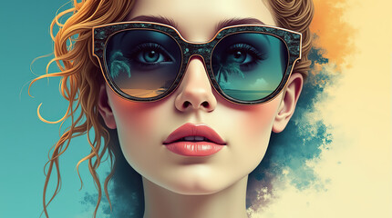 Radiating effortless style, a stunning woman on a tropical vacation wears huge sunglasses, embracing the island sun.