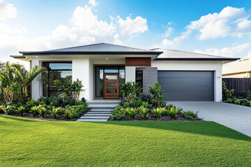 Modern luxury home exterior with landscaped garden and contemporary design