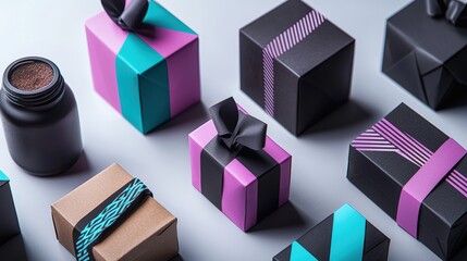 Dynamic composition of various business packaging designs with a modern twist: A contemporary and creative arrangement of packaging designs in geometric layouts, featuring bold typography and vibrant