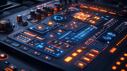 Obraz premium Futuristic illuminated control panel displaying various technological interface indicators