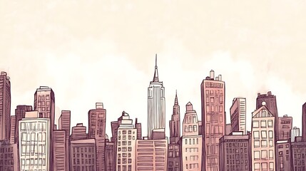 Animated city skyline, brown buildings against light sky, background for urban designs