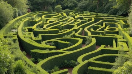 Naklejka premium Aerial view of a lush green hedge maze featuring intricate,
