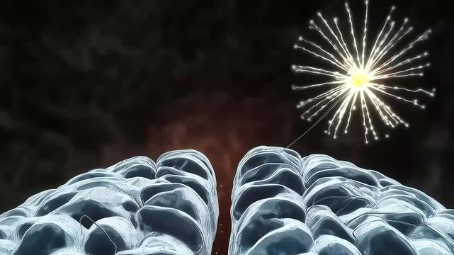 Conceptual animation of a brain with white fireworks-like neural connections, dark background