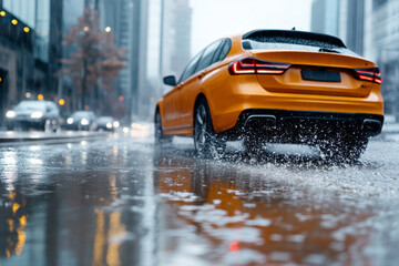 Fototapeta premium vibrant orange car splashes through rainy city street