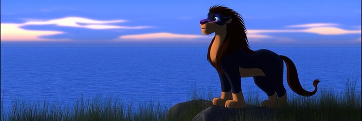 Lion gazing at the ocean at sunset