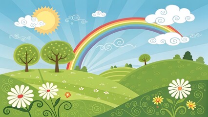 Whimsical Cartoon Landscape Rainbow, Rolling Hills & Sunshine V5