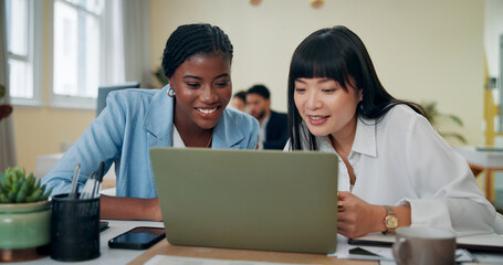 Business women, laptop and smile in office for feedback, advice or problem solving. Accountant...