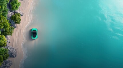 Electric Car by Ocean  Aerial View  Beach  Summer  Green
