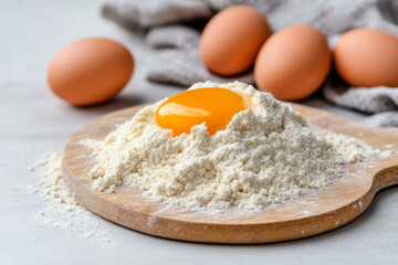 Fototapeta premium Fresh eggs and flour create perfect baking scene