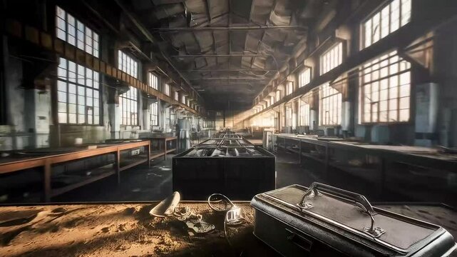 Abandoned, dusty, industrial workshop with long tables, metal toolboxes, sunlight streaming through large windows