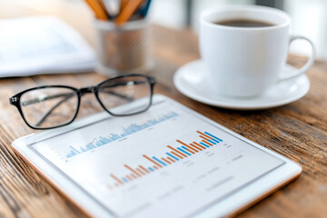 tablet displaying graphs and charts with coffee nearby