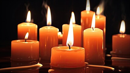 A row of small oil lamps with flickering flames, placed on a reflective surface.