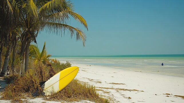 Tropical beach surfboard leaning palms, turquoise ocean, kitesurfer